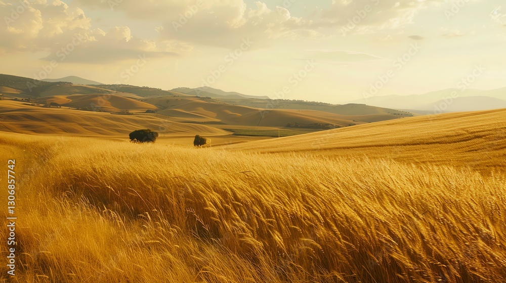 Obraz premium A field of golden wheat blowing in the wind, with hills in the distance.