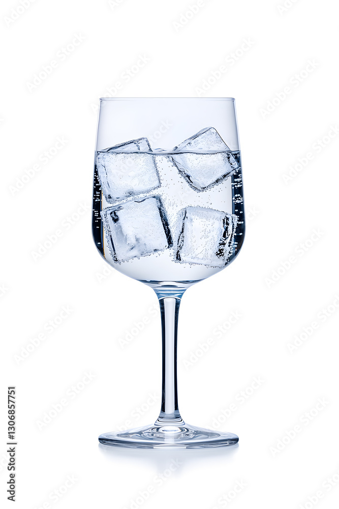 Sparkling water with ice cubes in a wine glass isolated on white Sparkling water with ice cubes in a wine glass isolated on white
