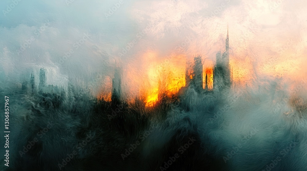 Obraz premium Smoky city skyline at sunset, apocalyptic scene.
