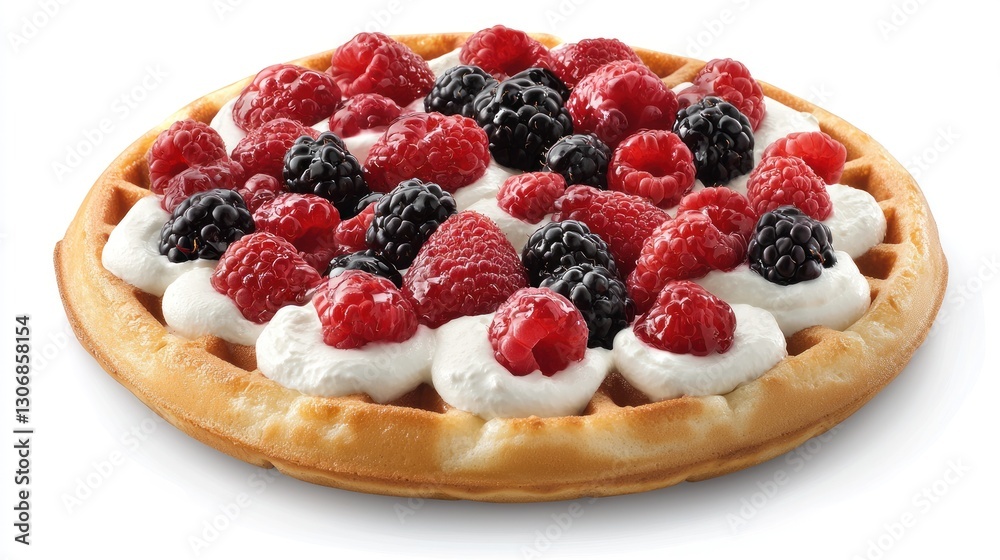 Round waffle topped with whipped cream and fresh raspberries and blackberries. Round waffle topped with whipped cream and fresh raspberries and blackberries.
