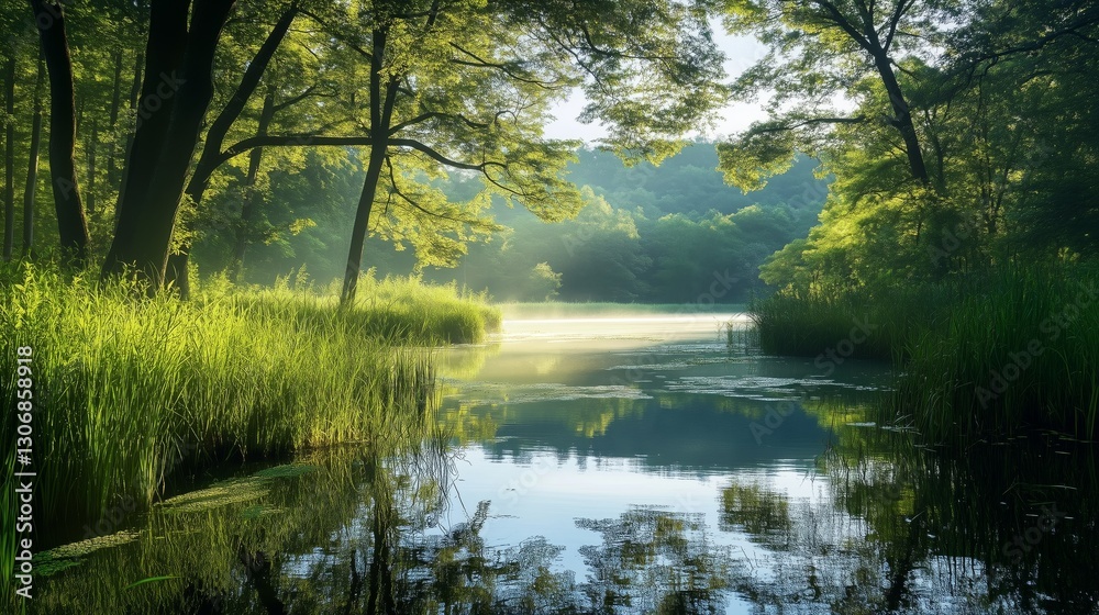 The morning light by the tranquil forest lake The morning light by the tranquil forest lake