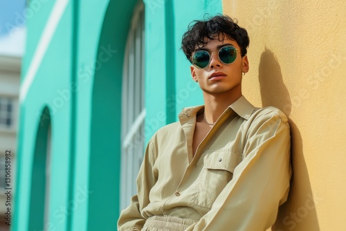 Stylish Young Man in Sunglasses Against Colorful Wall