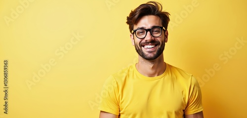 Attractive brunette man wears yellow tshirt, stylish glasses. Smiles cheerfully, isolated on vibrant solid yellow background. Model smart, cool, hip. Copy space for advertisement, banner, flyer,