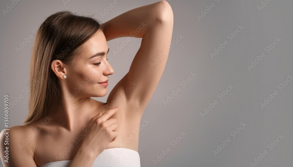 Young beautiful woman show smooth shaved armpits on grey color background with copy space. Laser epilation, electroepilation Young beautiful woman show smooth shaved armpits on grey color background with copy space. Laser epilation, electroepilation