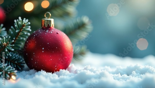 Sparkling red glitter Christmas ornament against snowy backdrop, sparkling, red