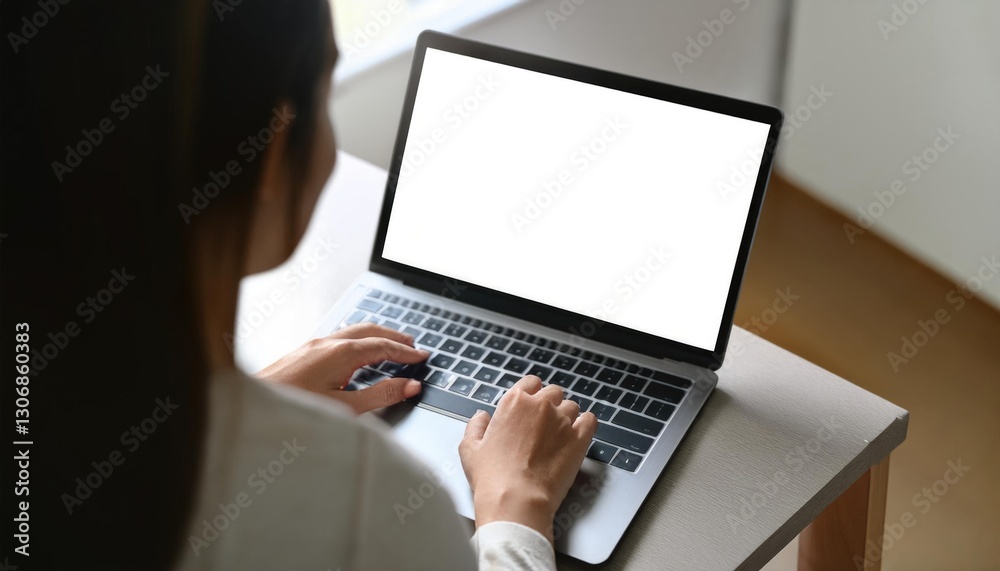 young woman using computer laptop in front of an blank white computer screen in home young woman using computer laptop in front of an blank white computer screen in home