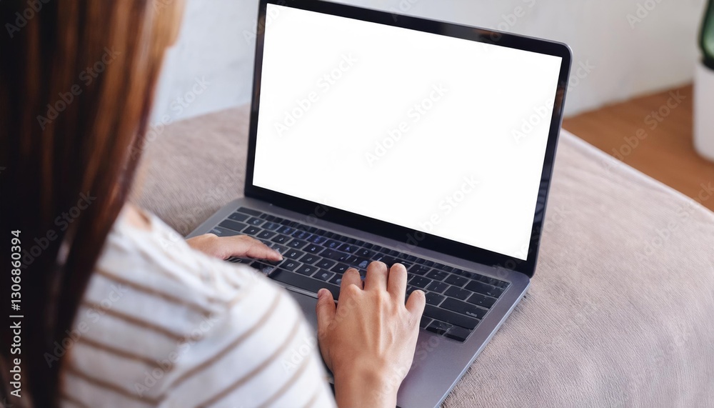 young woman using computer laptop in front of an blank white computer screen in home young woman using computer laptop in front of an blank white computer screen in home