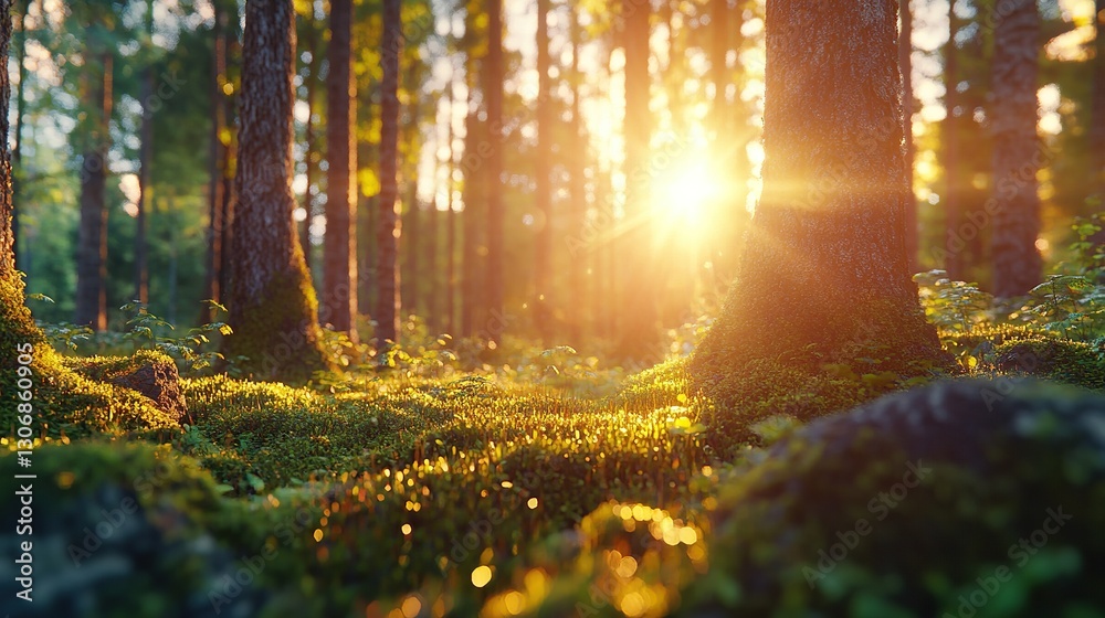 Obraz premium Beautiful spring forest scene with golden sunlight streaming through tall trees. Warm light creates a peaceful and magical atmosphere. Nature, relaxation, meditation and environment background