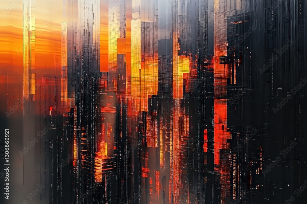 Fototapeta premium Futuristic Cityscape Featuring Glowing Skyscrapers and Vibrant Reflections at Sunset