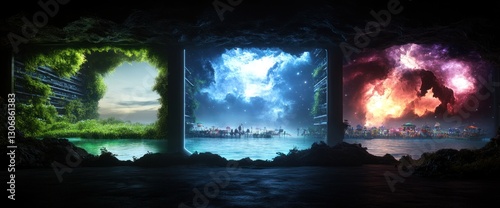 Three portals reveal serene nature  starry night  and fiery cityscape.
