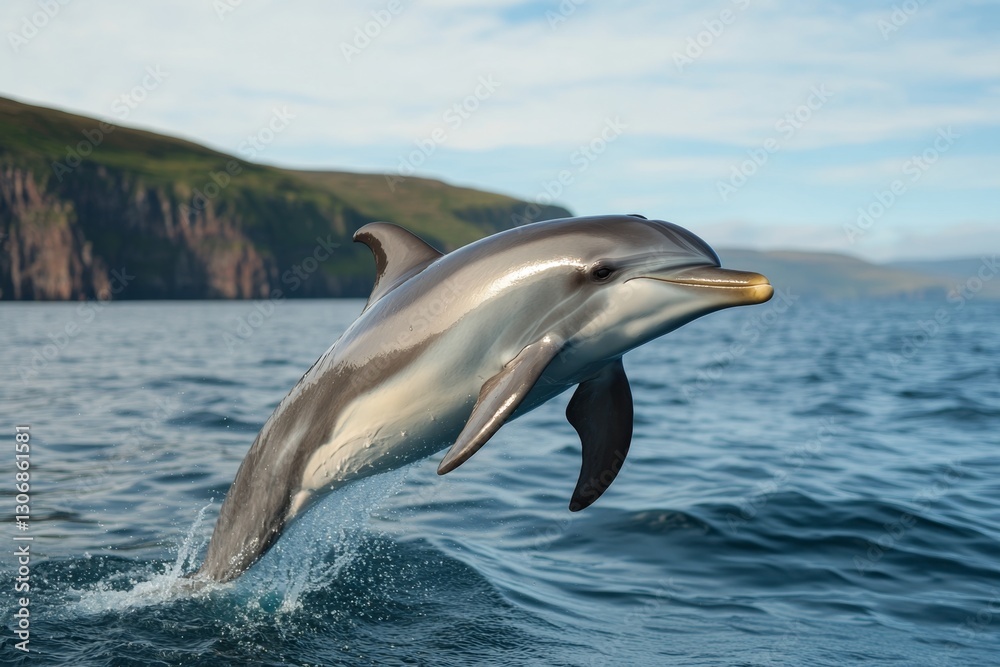 Fototapeta premium A playful bottlenose dolphin leaping high above the waves with a sparkling ocean backdrop