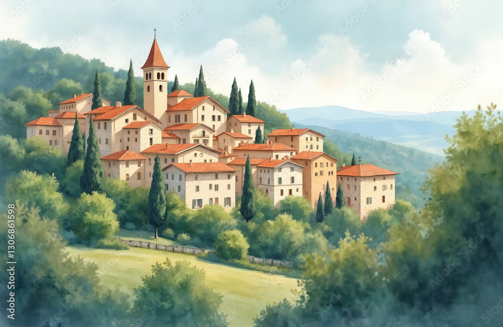 Watercolor painting of Montepulciano village in Tuscany Italy on hill surrounded by green cypresses. Ancient building architecture with church tower. Summer travel vacation mood in Italian Watercolor painting of Montepulciano village in Tuscany Italy on hill surrounded by green cypresses. Ancient building architecture with church tower. Summer travel vacation mood in Italian