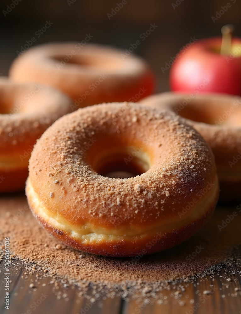 A rustic country style apple cider donut dusted with cinnamon sugar A rustic country style apple cider donut dusted with cinnamon sugar