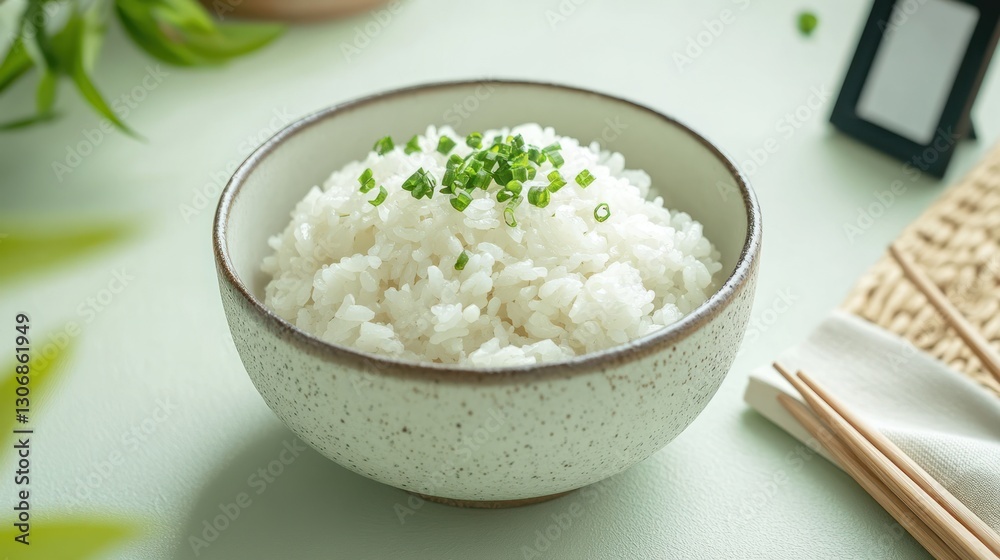 Steamed rice bowl, table setting, green background, Asian cuisine, food photography Steamed rice bowl, table setting, green background, Asian cuisine, food photography