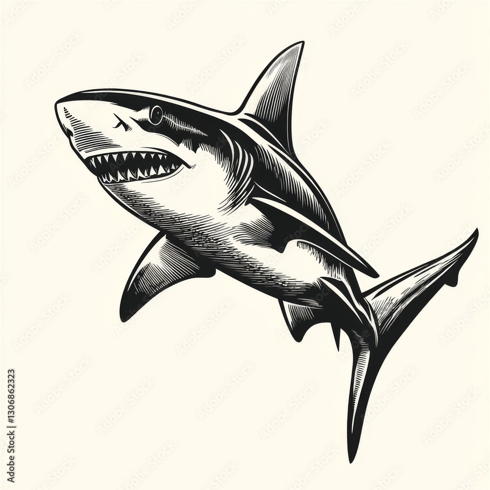Obraz premium Illustration of a fierce shark swimming upwards, showcasing its sharp teeth and dynamic movement