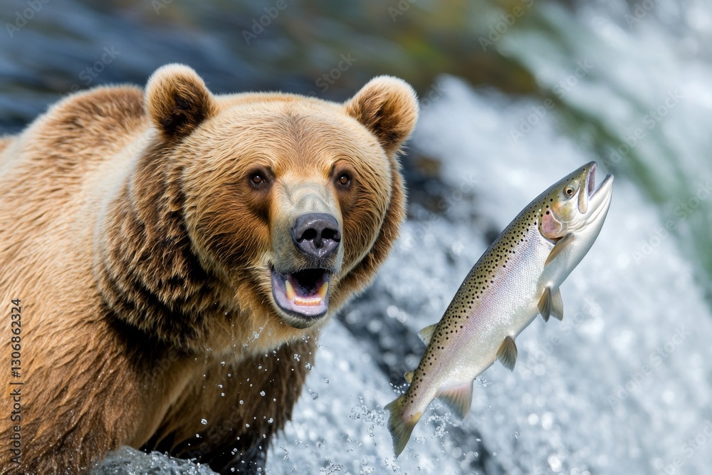 Obraz premium A powerful grizzly bear catching a salmon in mid-air as it leaps up a rushing waterfall