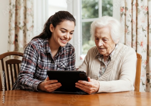 Female social worker helping senior woman learn digital technology, supporting tablet navigation and bridging generational communication gap through patient technological guidance