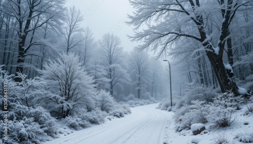 Obraz premium The winter season envelopes nature with its quiet and otherworldly ambiance, as snow covering the surroundings in a peaceful and mysterious display of white and gray.