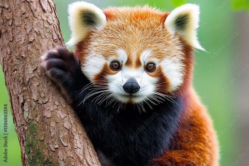 A red panda climbing a tree, its bushy tail dangling below A red panda climbing a tree, its bushy tail dangling below