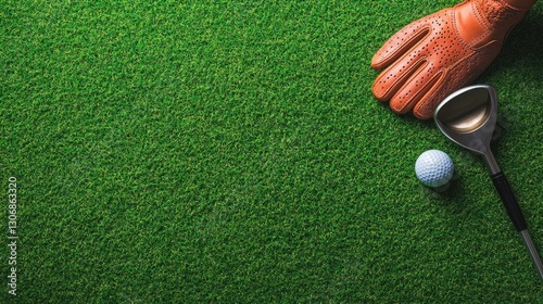 A golf glove, divot repair tool, and a golf ball marker on an artificial turf.
