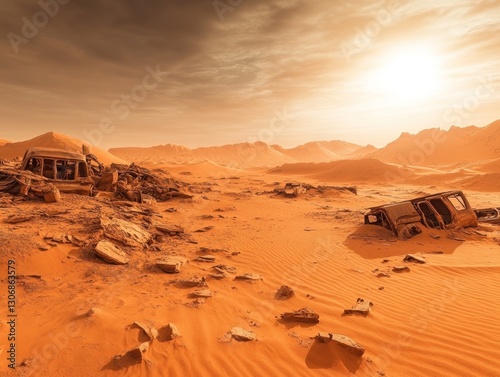 Rusting cars half-buried in a vast, orange desert under a dramatic sunset. photo