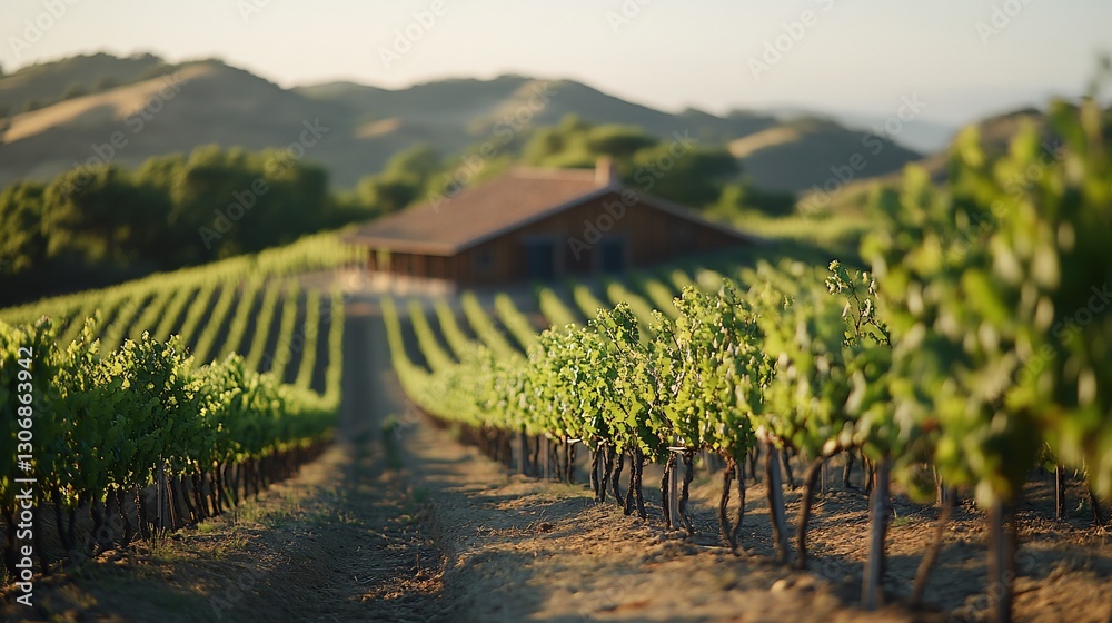 Fototapeta premium Vineyard rows leading to rustic cabin at sunset