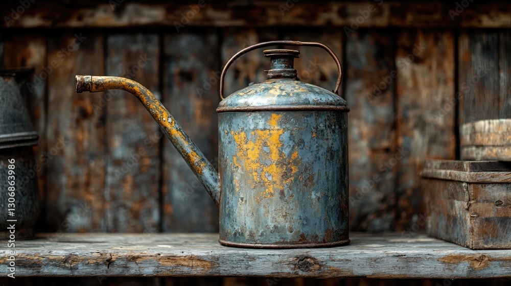 Rustic aged metal oil can on wooden shelf. Rustic aged metal oil can on wooden shelf.