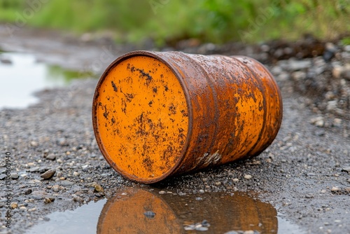 A rusted industrial barrel leaking an unknown toxic substance onto the ground