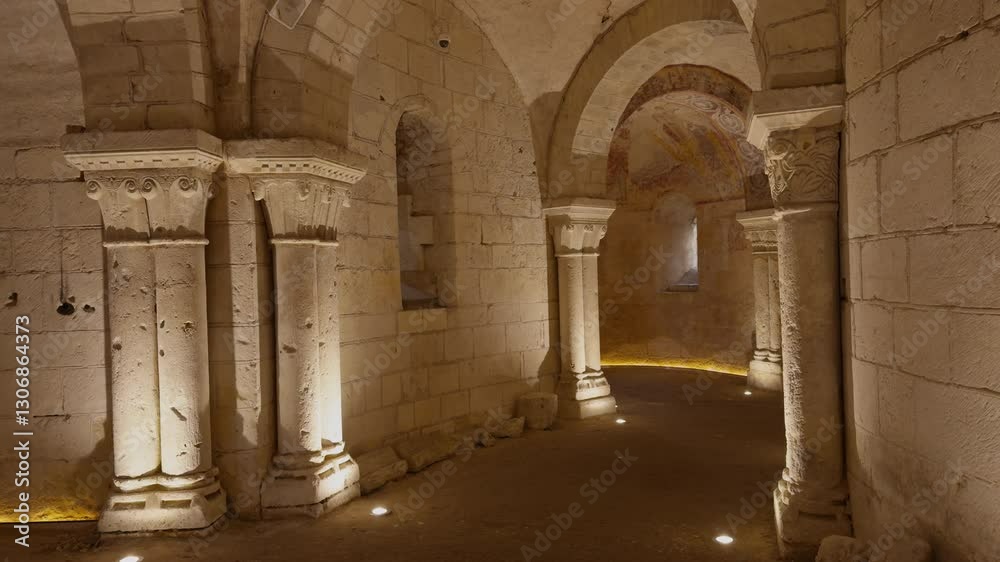The medieval crypt of Saint-Aignan, France, with 11th-century columns and frescoes The medieval crypt of Saint-Aignan, France, with 11th-century columns and frescoes