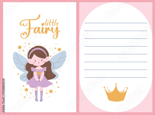 Little fairy template set. Cute princess fairy with brown hair with crown, beautiful wings and magic wand. Pink template for girls.