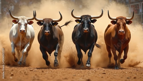 Four powerful bulls racing through dusty arena, showing robust energy, dynamic motion. Herd of cattle sprinting ground with force teamwork determination. Competition farm animals ranching