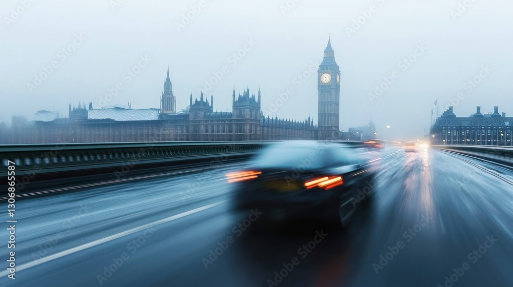 Naklejka premium Blurry cars driving on wet road with Big Ben and Houses of Parliament in foggy London background.