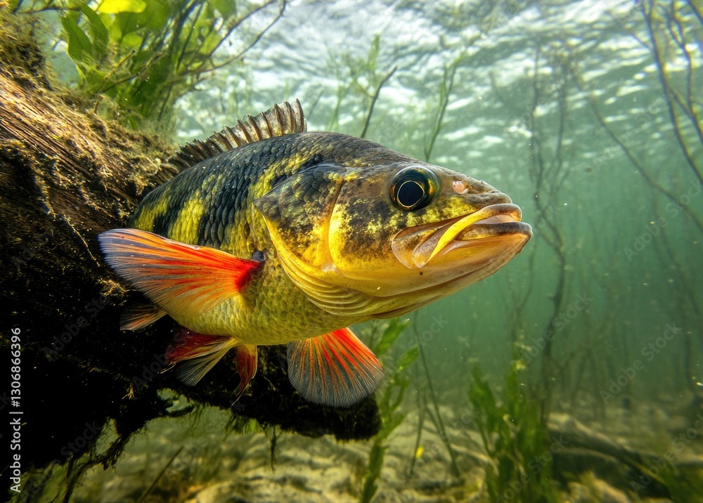 Naklejka premium A perch swims gracefully among aquatic plants in a river, showcasing its vibrant stripes and predatory stance while searching for food in a natural habitat