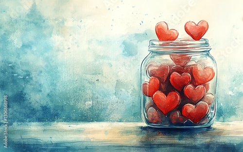 romantic watercolor jar of red hearts, whimsical and dreamy soft background, symbolizing love and affection photo