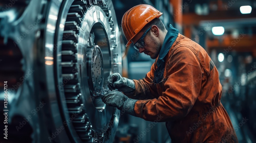 Factory worker assembling parts on a production line, precise motion