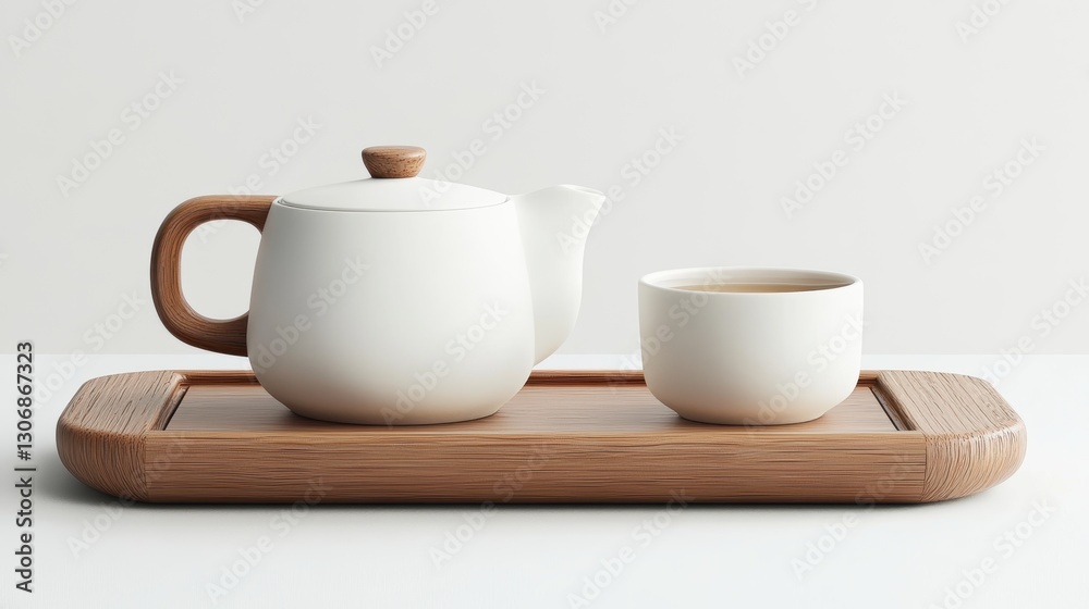 Minimalistic white teapot and cup on wooden tray showcasing serene tea arrangement with smooth lines and soft textures in a neutral setting Minimalistic white teapot and cup on wooden tray showcasing serene tea arrangement with smooth lines and soft textures in a neutral setting