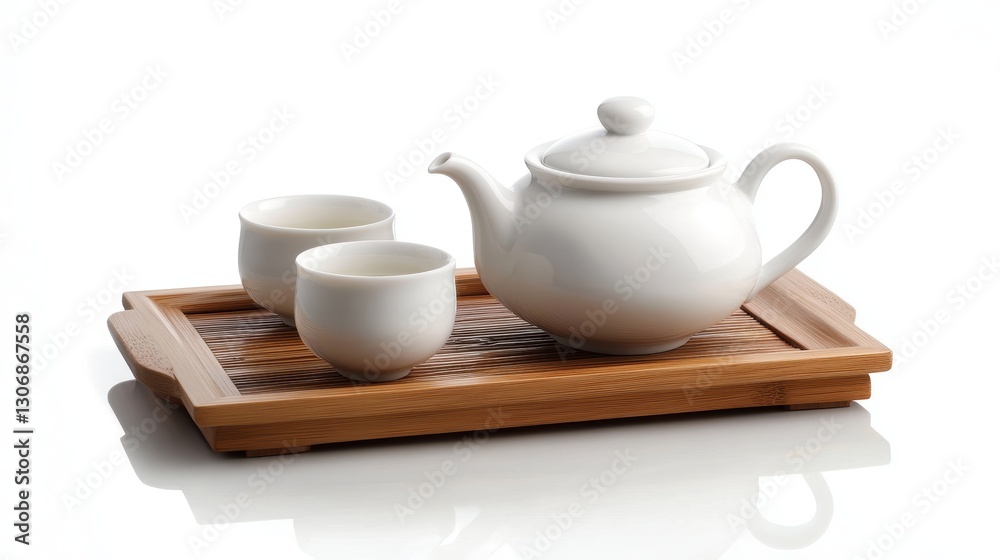 Elegant white tea set with teapot and two cups arranged on a wooden tray, perfect for a minimalistic tea ceremony or stylish kitchen decor Elegant white tea set with teapot and two cups arranged on a wooden tray, perfect for a minimalistic tea ceremony or stylish kitchen decor