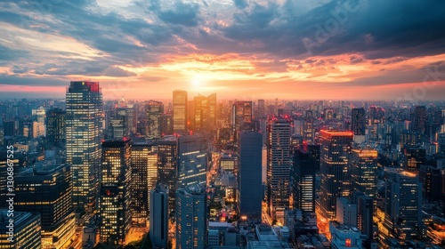 Wallpaper Mural Sunset over city skyline with glowing skyscrapers, urban and dynamic, modern and sleek, ultra-detailed, 4k Torontodigital.ca