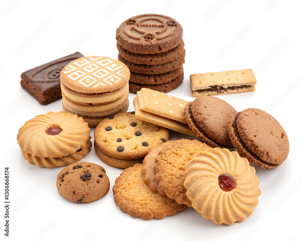 An enticing assortment of cookies and biscuits, beautifully arranged and isolated on a clean white background. An enticing assortment of cookies and biscuits, beautifully arranged and isolated on a clean white background.