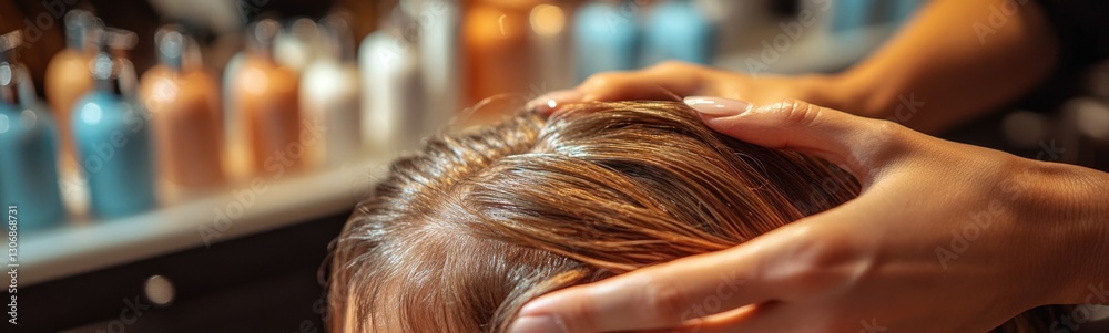 Fototapeta premium Hairstylist’s hands running through a client’s freshly styled hair