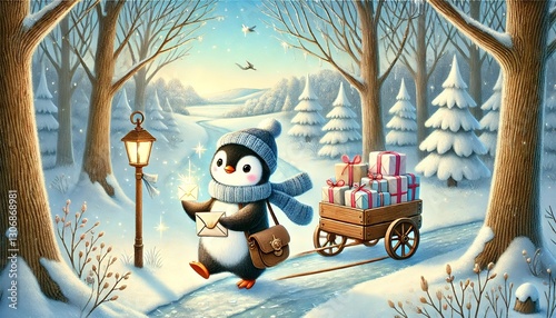 A Heartwarming Springtime Journey: A Penguin Postman Delivering Magical Letters in a Forest of Melting Snow photo