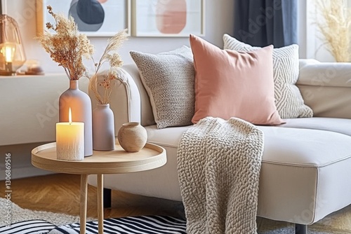 Cozy minimalist living room interior with soft textiles and warm lighting