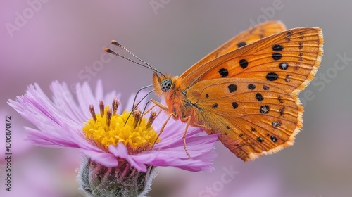 Orange butterfly with dark spots feeding on a pink flower.