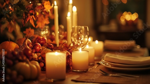 The glow of candles on a fall dinner table with autumn decorations, inviting and warm, ultra-detailed, 4k