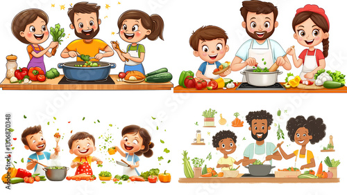 Family Cooking Delights: A heartwarming illustration showcases diverse families bonding in the kitchen, happily preparing delicious meals with fresh ingredients.