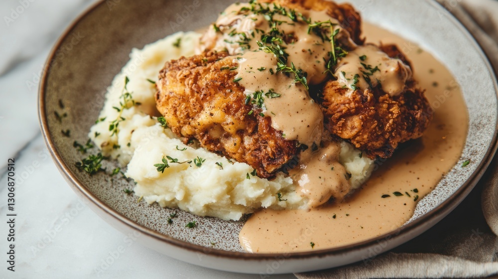 Crispy fried chicken with creamy gravy served over mashed potatoes. Crispy fried chicken with creamy gravy served over mashed potatoes.