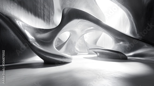 Fototapeta Naklejka Na Ścianę i Meble -  Abstract Metallic Architecture Interior Design Rendering Showing Smooth Curves and Reflective Surfaces