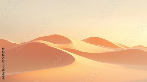 Desert landscape with sand dunes and a sun setting in the background