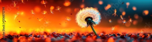 Fiery dandelion seeds disperse at sunset.