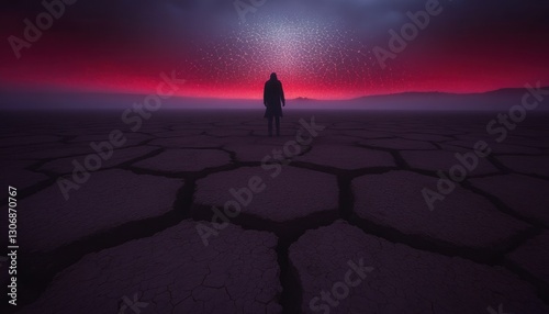Solitary figure in a cracked, desolate landscape under a vibrant, starlit, red sky.